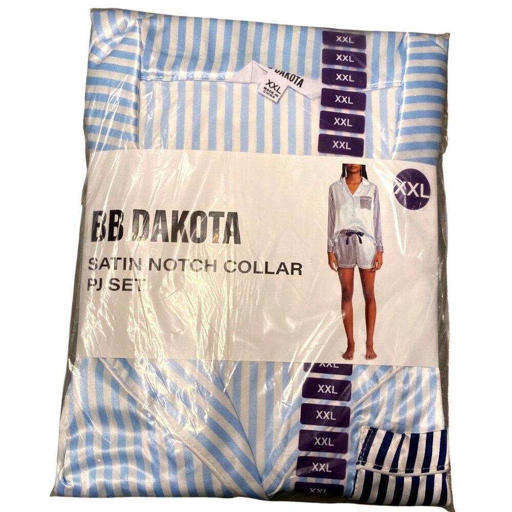 BB Dakota Satin Notch Collar PJ Set XXL Blue & White Striped Lounge Wear